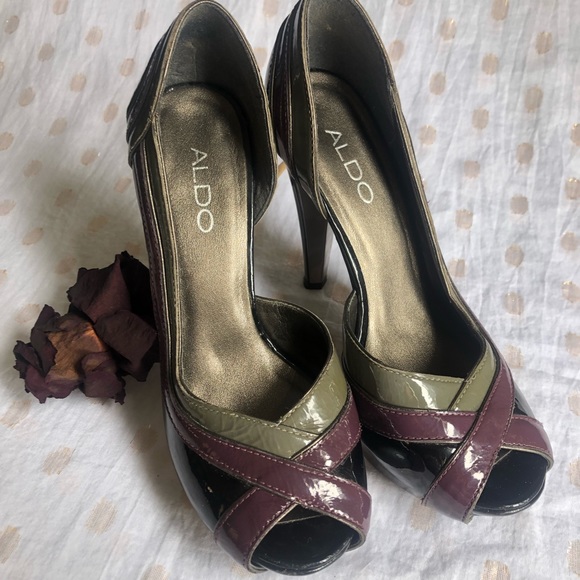 Aldo Shoes - Aldo Black Grey & Plum Peep Toe Slip On High Heels